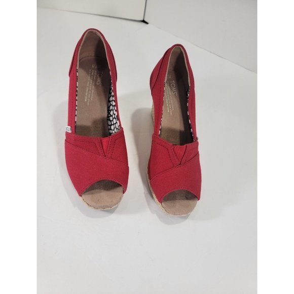 Toms Womens Wedges Size 7.5 Red Classic Canvas Espadrille Slip On Peep Toe - Picture 4 of 7